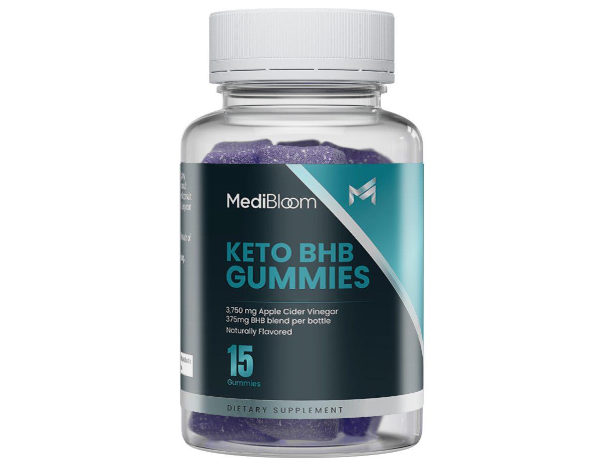 MediBloom KETO BHB Gummies bottle — 15 keto gummies with Apple Cider Vinegar and BHB blend