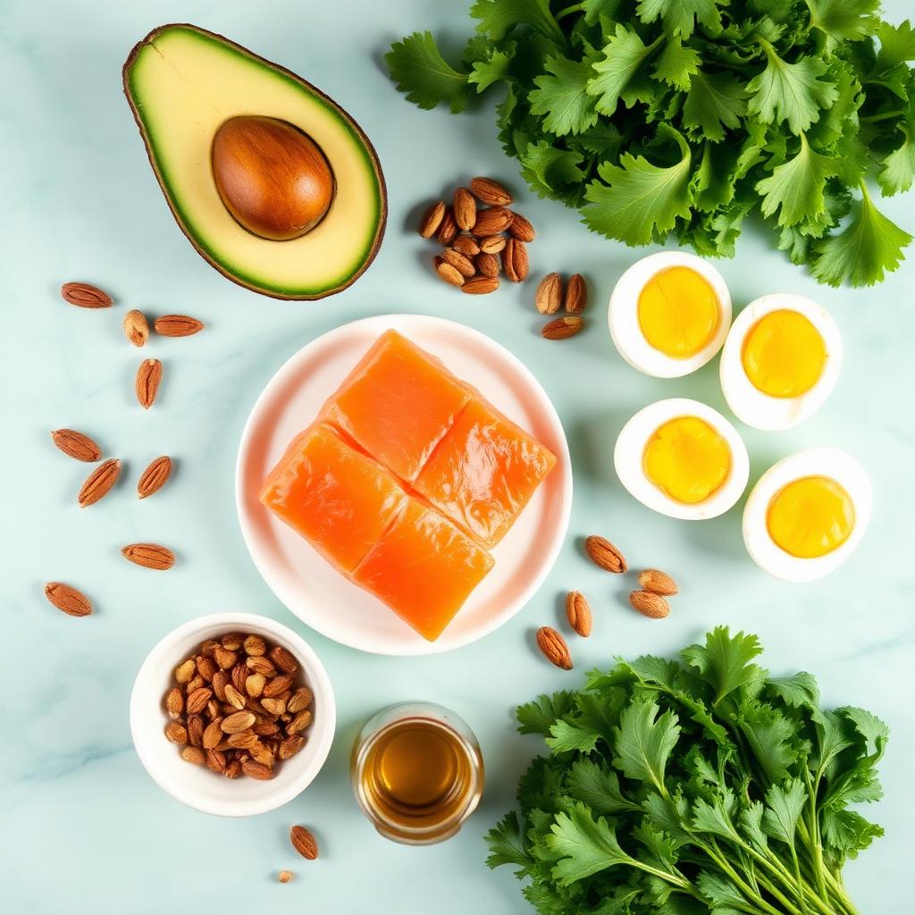 Keto-friendly foods — avocado, salmon, eggs, greens and nuts